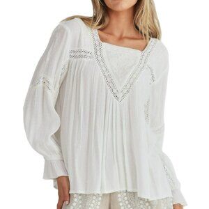 Talisman Ivory Boho Peasant Blouse SZ:M Lace Trim Textured Cotton, Romantic NWT